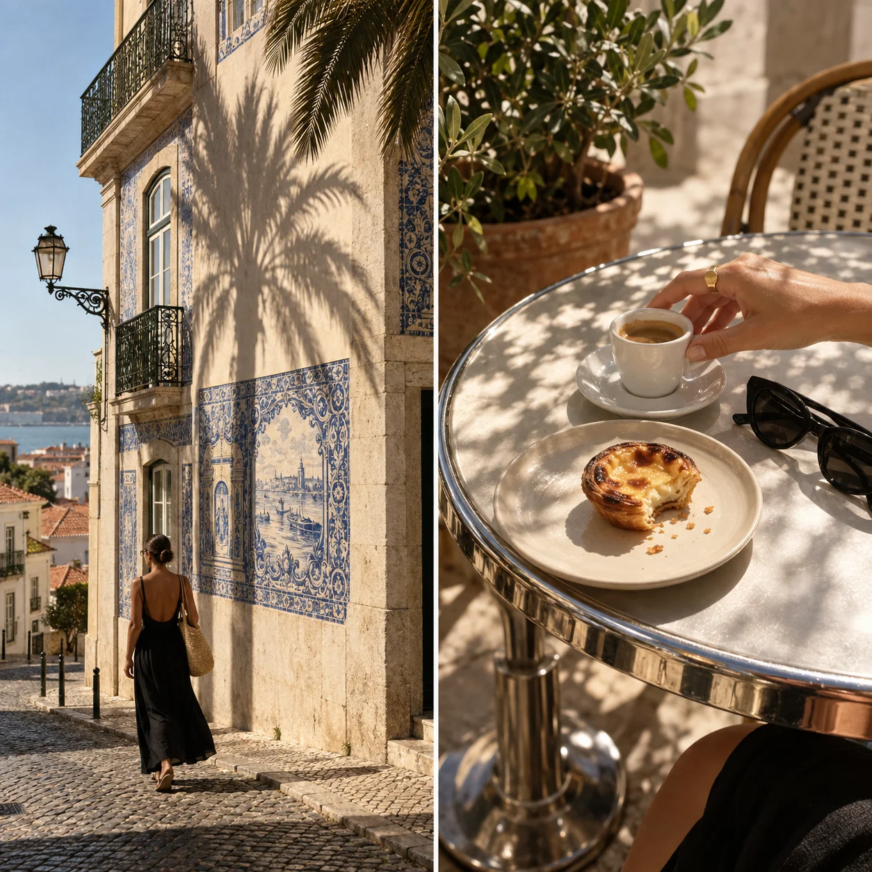 A traveller walking beside Lisbon’s sunlit tiled buildings
