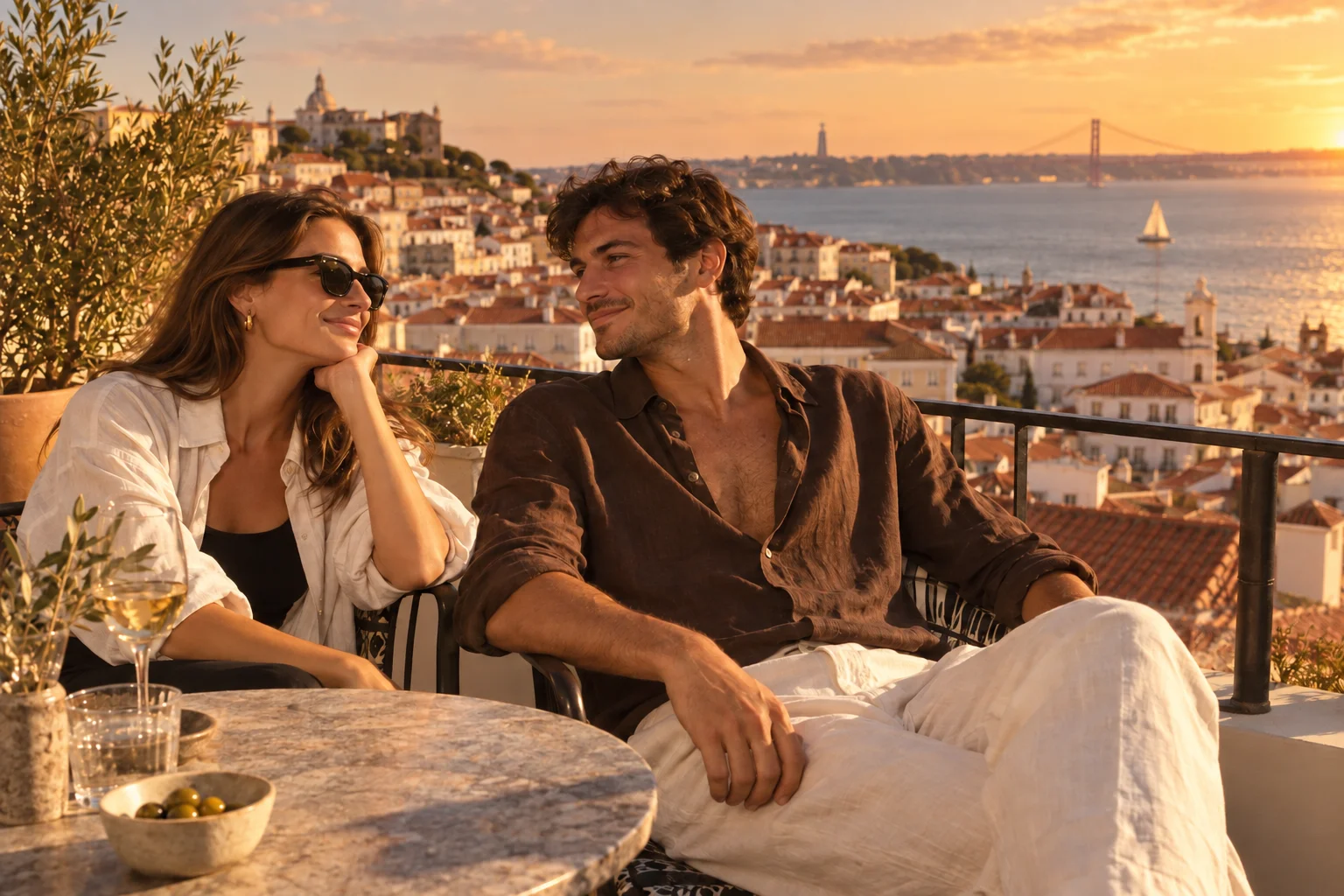 Two friends relaxing on a sunlit Lisbon rooftop terrace