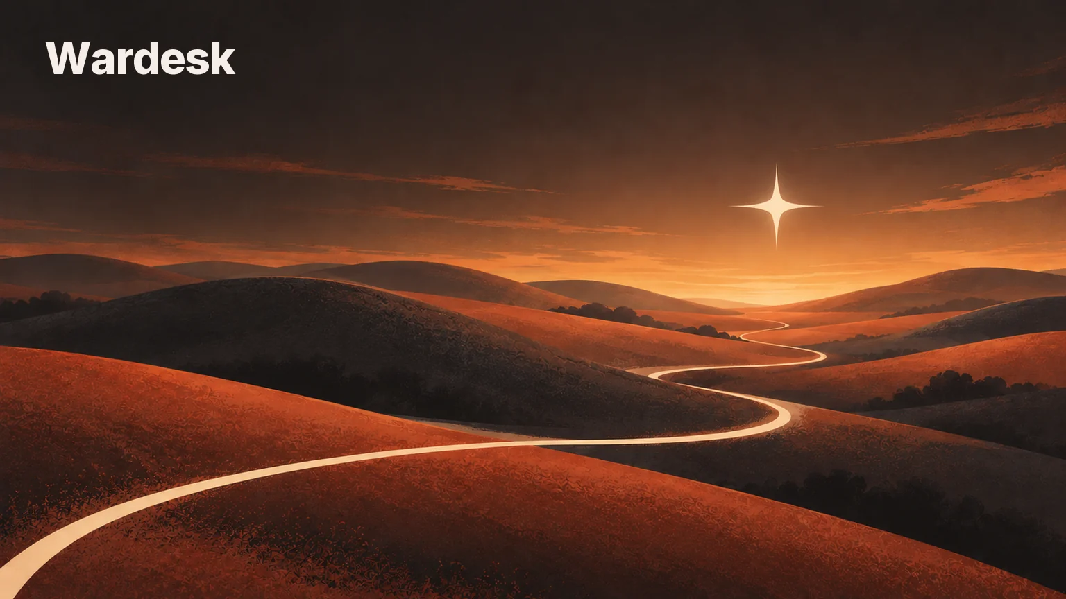 A bright guiding star above a warm landscape crossed by a winding path.