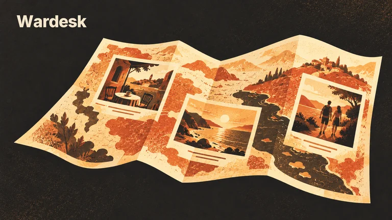 An unfolded travel map holds photographs from a remembered journey.