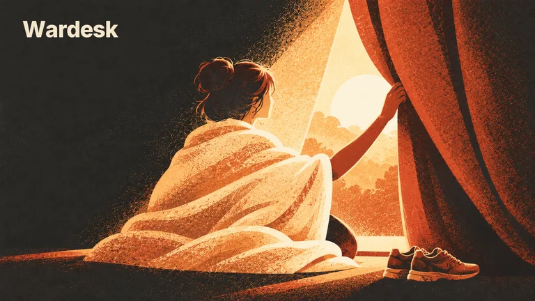 A person wrapped in a blanket opens the curtains to a gentle new morning.