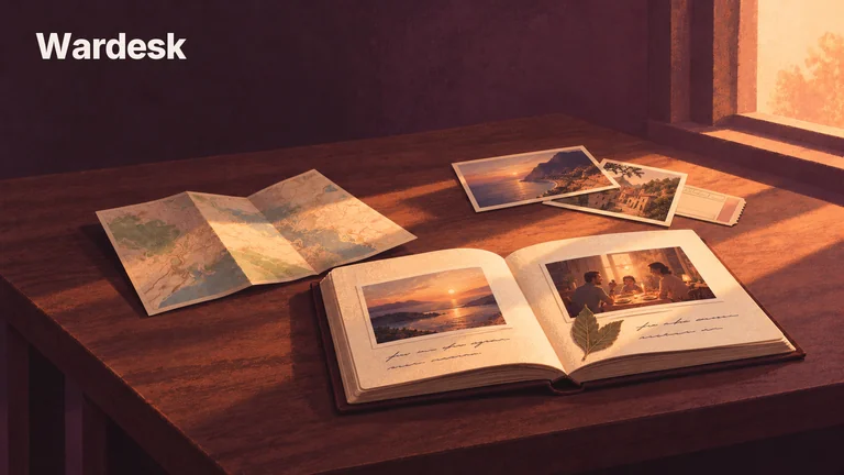 A map, photographs and a filled memory book bring plans and memories together.